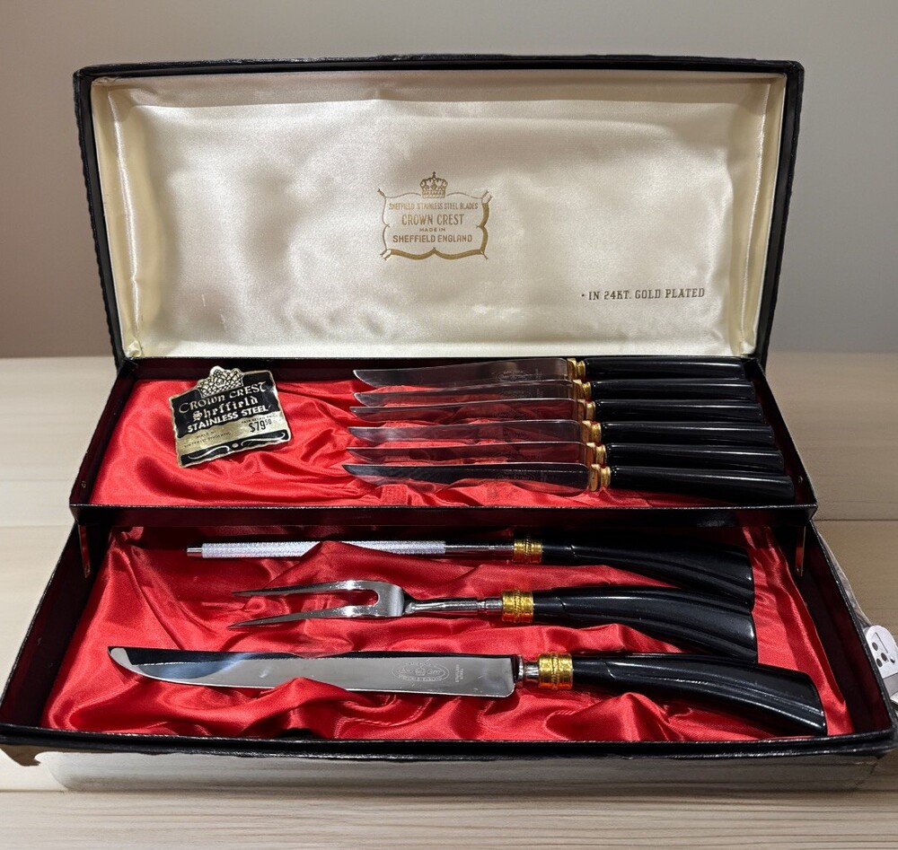 Old Money 24K GP Sheffield England black Handles, Stainless Steel Carving Set